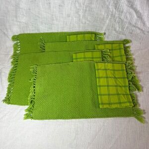 Vtg Pier 1 Imports Set of‎ 4 Green Cotton Fringe Placemat Plaid Napkin 8-Pieces